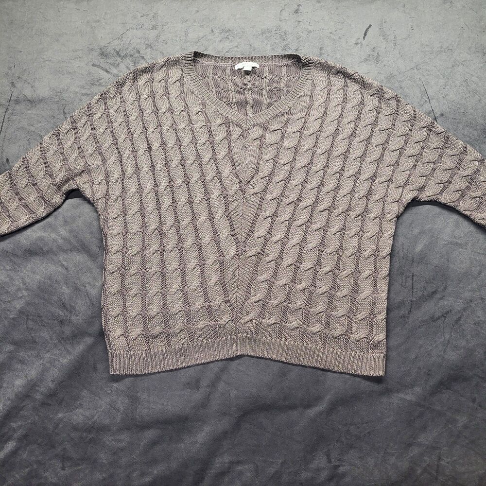 New York & Company 3/4 Bat Wing V- Neck Lightweight Cabled Sweater Medium Brown